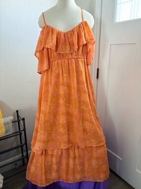 Women's Orange Ruffled Off-Shoulder Maxi Dress